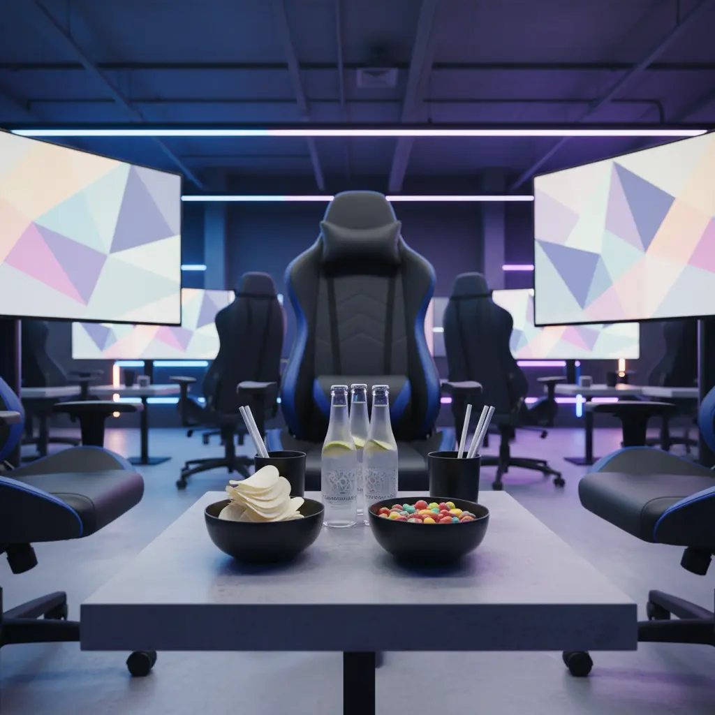 Snack and soft drink arrangement in a modern gaming lounge