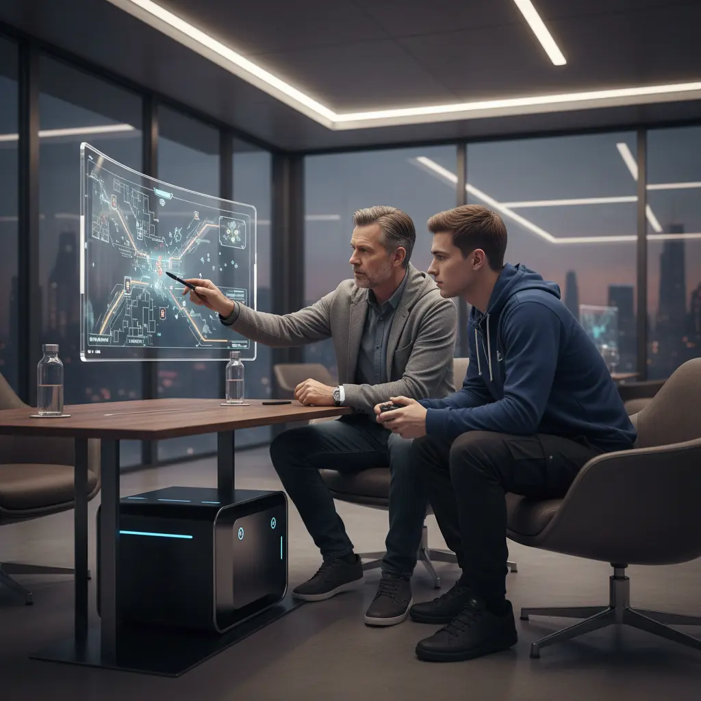 Coach and player discussing gameplay at a console station