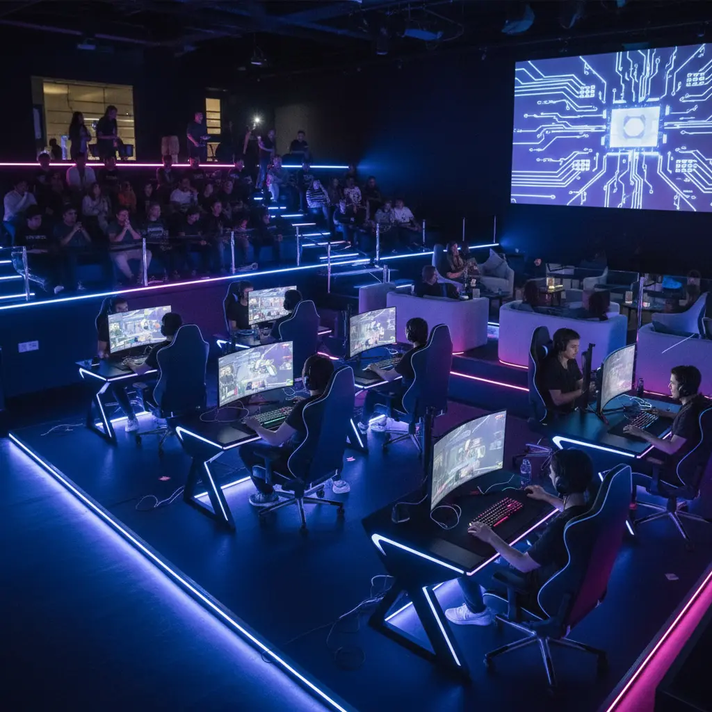 Esports scene with players at console stations in a lounge setting