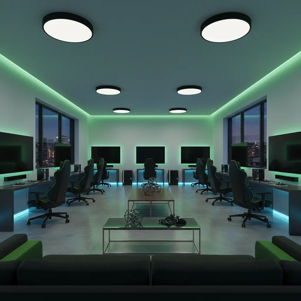 Modern Xbox gaming lounge interior with multiple stations and ambient lighting