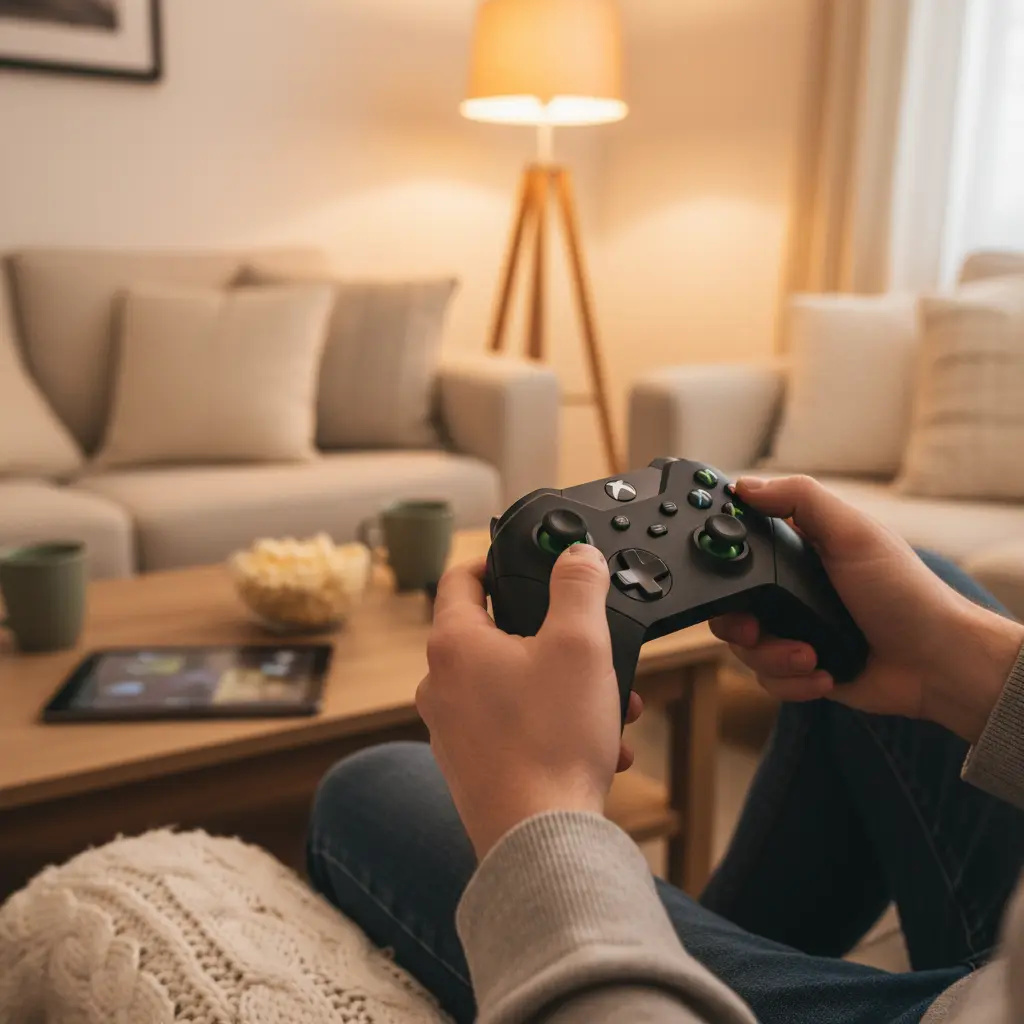 Close-up of hands holding Xbox-style controllers in a lounge