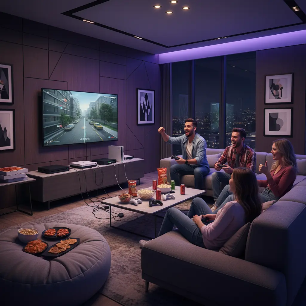 Group of friends enjoying a gaming party in a stylish lounge