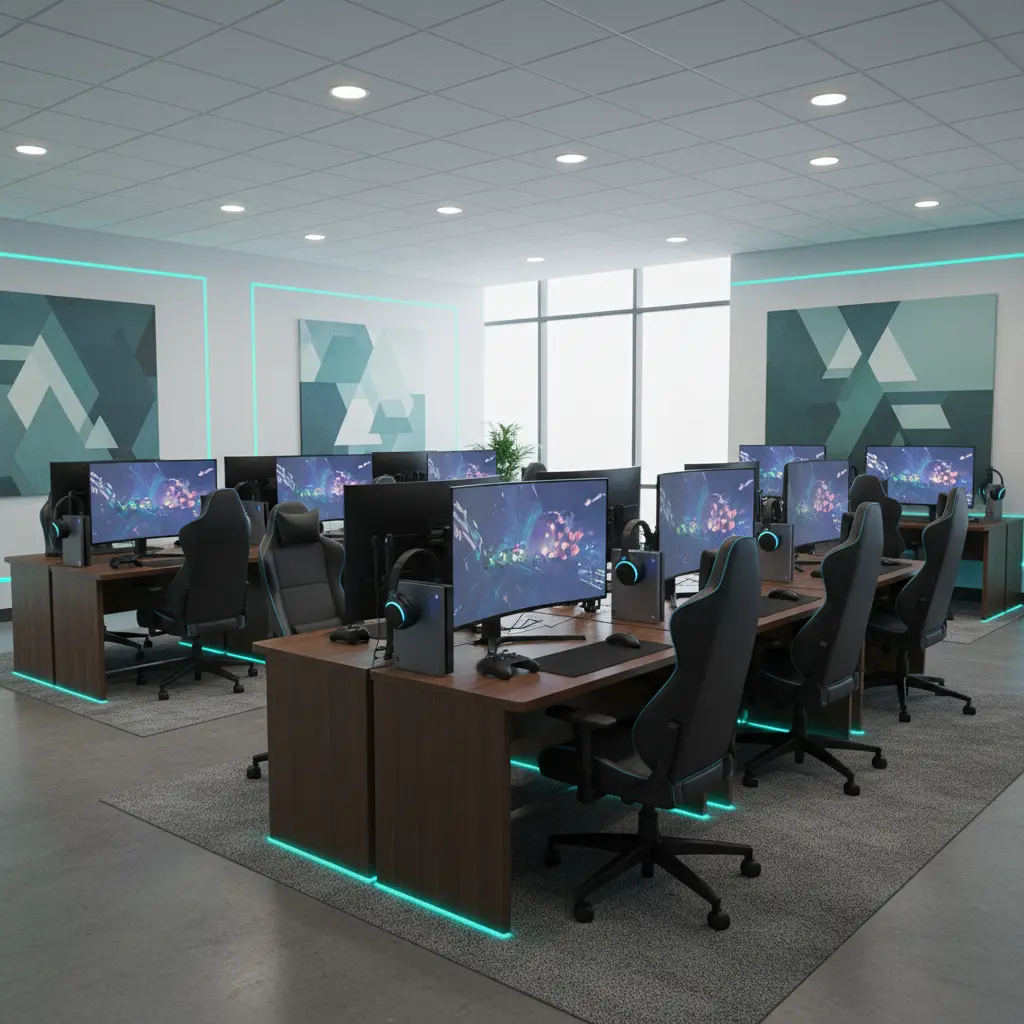 Row of Xbox gaming stations with controllers and headsets in a modern lounge